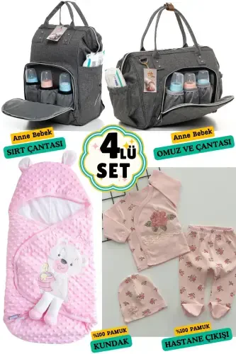 4-Piece Newborn Set (HOSPITAL OUTFIT, BABY CARE BACKPACK AND SHOULDER BAG, SWADDLE)-GRAY - 1