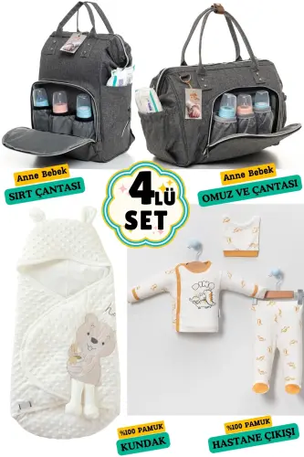 4-Piece Newborn Set (HOSPITAL OUTFIT, BABY CARE BACKPACK AND SHOULDER BAG, SWADDLE)-GRAY 