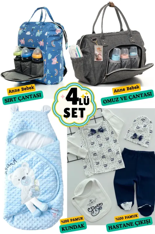 4-Piece Newborn Set (HOSPITAL OUTFIT, BABY CARE BACKPACK AND SHOULDER BAG, SWADDLE)-GRAY - BOMBINOO