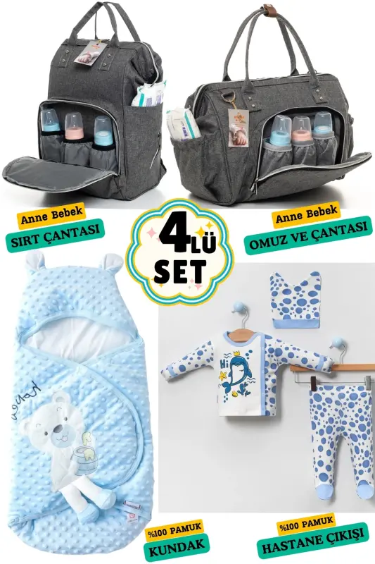 4-Piece Newborn Set (HOSPITAL OUTFIT, BABY CARE BACKPACK AND SHOULDER BAG, SWADDLE)-GRAY - 1