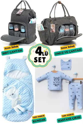 4-Piece Newborn Set (HOSPITAL OUTFIT, BABY CARE BACKPACK AND SHOULDER BAG, SWADDLE)-GRAY - 1