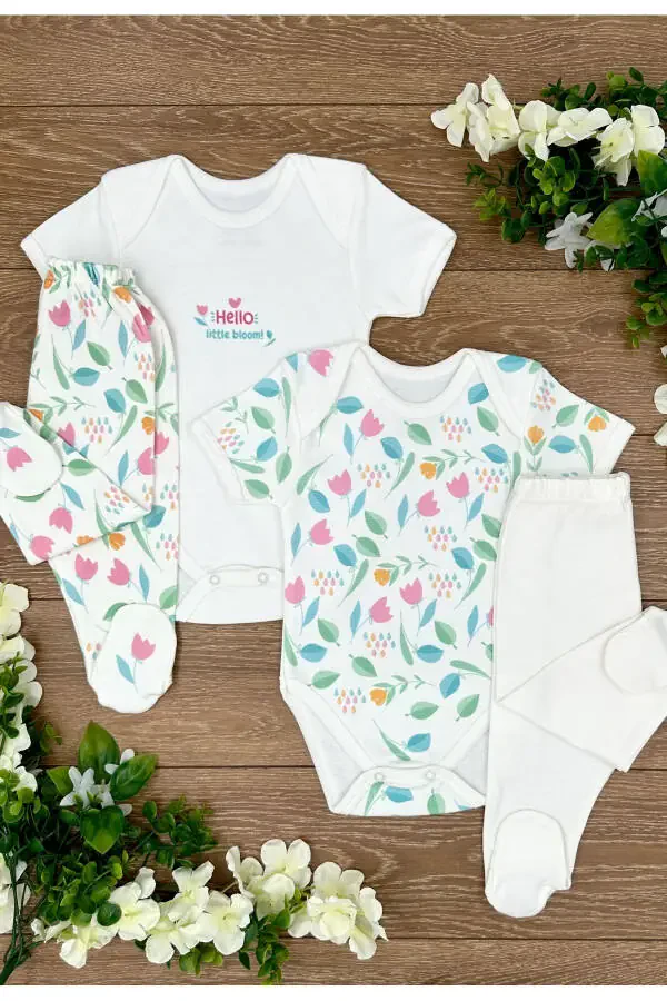 4-Piece Organic Cotton Baby Girl Snap Bodysuit and Footed Pajama Set, Tulip - 1