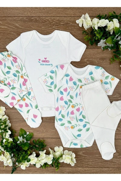 4-Piece Organic Cotton Baby Girl Snap Bodysuit and Footed Pajama Set, Tulip - PATSAN (1)