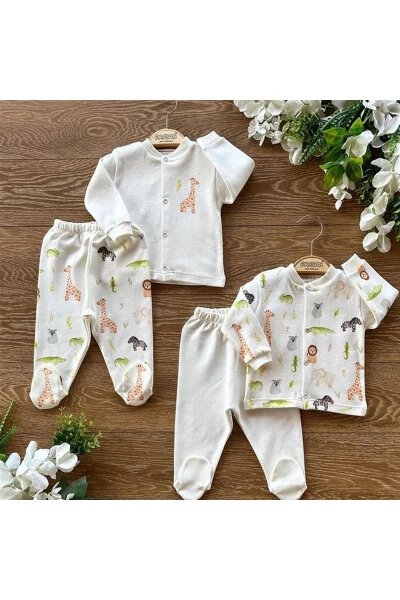 4-Piece Organic Cotton Baby Sleepsuit Set with Booties Giraffe Lion Chameleon - PATSAN