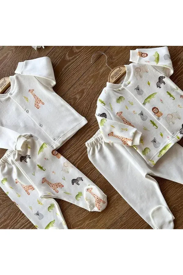 4-Piece Organic Cotton Baby Sleepsuit Set with Booties Giraffe Lion Chameleon - 2
