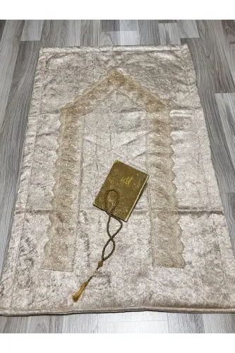 4 Piece Prayer Rug Set Bridal Dowry Boxed Velvet Lace Bride Groom Set-Brown - 6