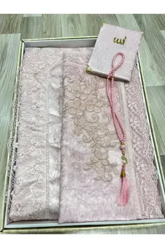 4 Piece Prayer Rug Set Dowry Bundle Boxed Velvet Lace Bridal Groom Set-POWDER - AYHANHOME (1)