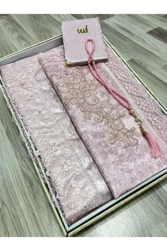 4 Piece Prayer Rug Set Dowry Bundle Boxed Velvet Lace Bridal Groom Set-POWDER - 4