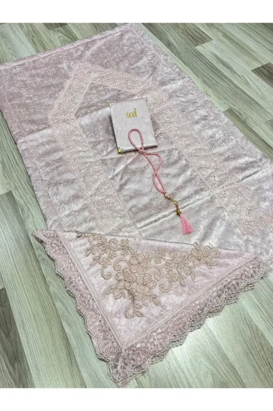4 Piece Prayer Rug Set Dowry Bundle Boxed Velvet Lace Bridal Groom Set-POWDER - 5