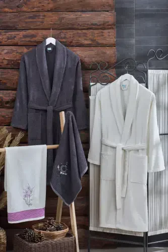 4-Piece Robe Towel Set | Cotton | Embroidered | Dowry Set | -Anthracite - 1