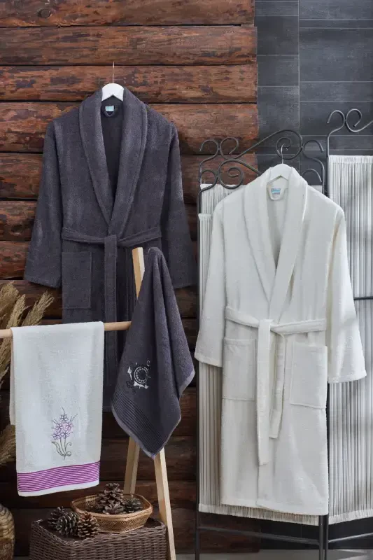 4-Piece Robe Towel Set | Cotton | Embroidered | Dowry Set | -Anthracite - 1