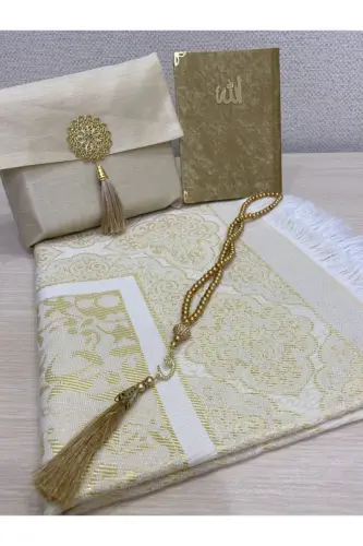 4-Piece Shantuk Bagged Gift Dowry Prayer Rug, Yasin, Rosary, Prayer Rug Set-GOLD 