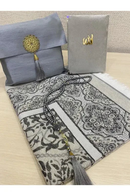 4-Piece Shantuk Bagged Gift Dowry Yasin Rosary Prayer Rug Set-GRAY - 1