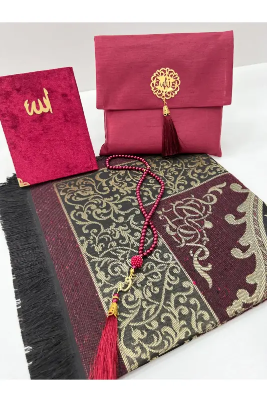 4-Piece Shantung Bagged Gift Dowry Prayer Rug Set - Burgundy - 1