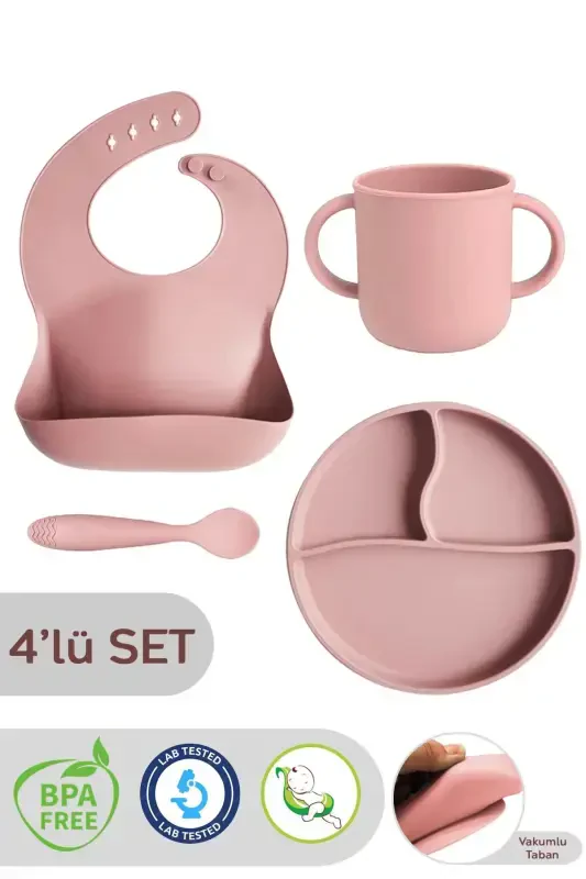 4-Piece Silicone Feeding Set - Bib, Feeding Spoon, Handled Cup, Suction Plate, Pink - MELENI BABY