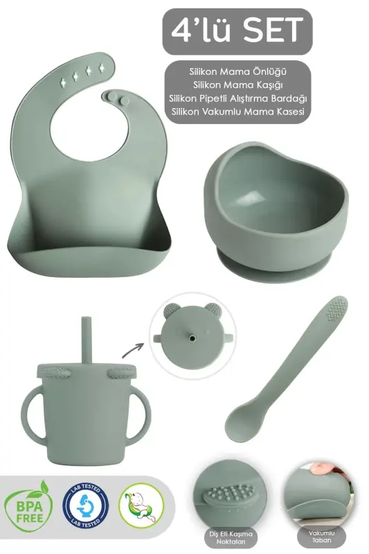 4-Piece Silicone Feeding Set - Bib - Suction Bowl - Sippy Cup - Spoon - Green - 1