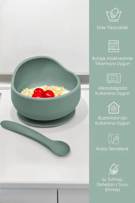 4-Piece Silicone Feeding Set - Bib - Suction Bowl - Sippy Cup - Spoon - Green - 5
