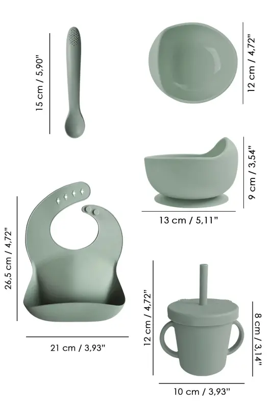 4-Piece Silicone Feeding Set - Bib - Suction Bowl - Sippy Cup - Spoon - Green - 8