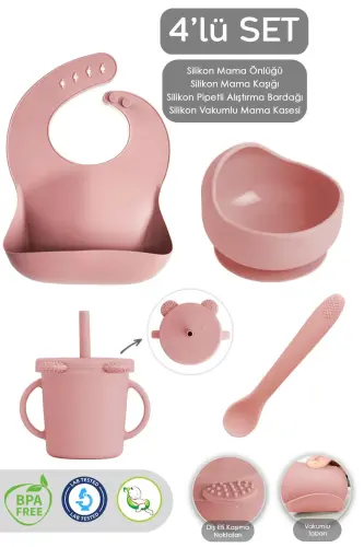 4-Piece Silicone Feeding Set - Bib - Suction Bowl - Sippy Cup - Spoon - Pink - 1