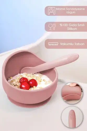 4-Piece Silicone Feeding Set - Bib - Suction Bowl - Sippy Cup - Spoon - Pink - MELENI BABY (1)