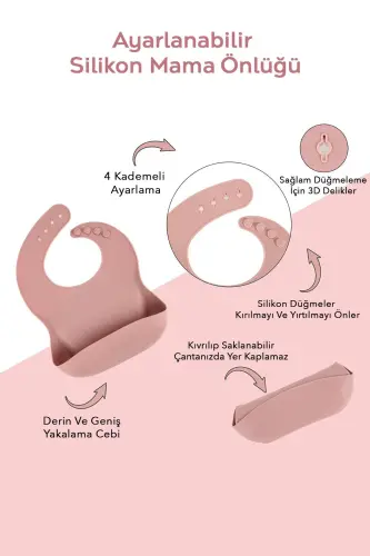 4-Piece Silicone Feeding Set - Bib - Suction Bowl - Sippy Cup - Spoon - Pink - 3