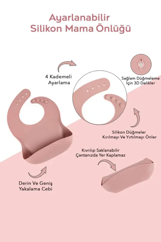 4-Piece Silicone Feeding Set - Bib - Suction Bowl - Sippy Cup - Spoon - Pink - 3