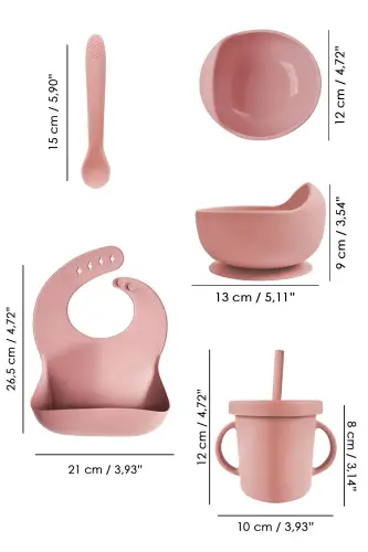 4-Piece Silicone Feeding Set - Bib - Suction Bowl - Sippy Cup - Spoon - Pink - 8
