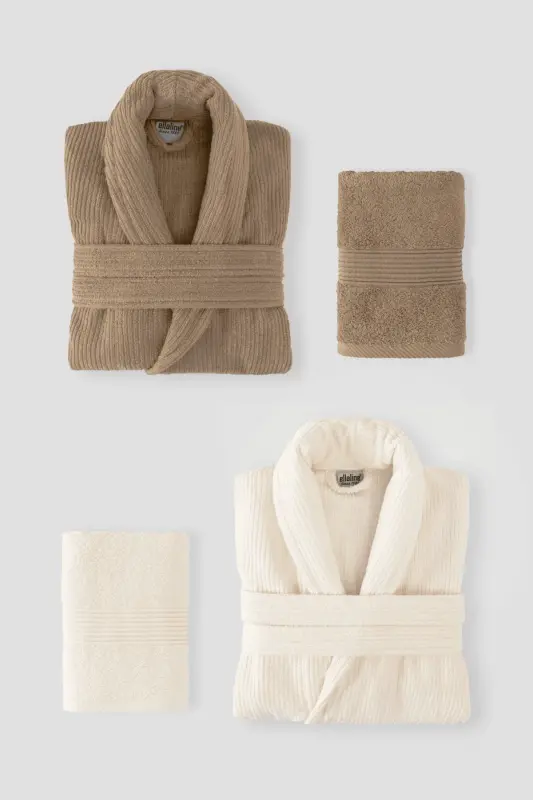 4 Piece Striped Bathrobe Set 100% Cotton Certified Family Towel Bathrobe Set Dowry Set Brown Cream - Cream - Brown - 2
