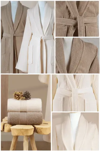 4 Piece Striped Bathrobe Set 100% Cotton Certified Family Towel Bathrobe Set Dowry Set Brown Cream - Cream - Brown - 4