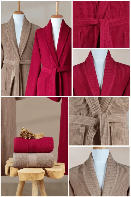 4-Piece Striped Bathrobe Set 100% Cotton Certified Family Towel Bathrobe Set Dowry Set Burgundy - Brown - Brown - Burgundy - 4