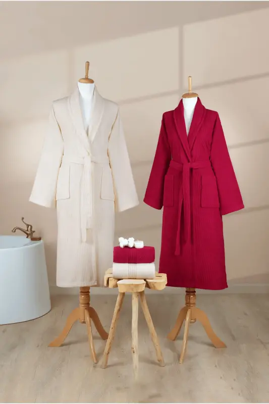 4-Piece Striped Bathrobe Set 100% Cotton Certified Family Towel Bathrobe Set Dowry Set Burgundy Cream - Burgundy - Cream - 8