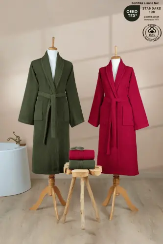 4-Piece Striped Bathrobe Set 100% Cotton Certified Family Towel Bathrobe Set Dowry Set Burgundy - Green - Green - Burgundy 