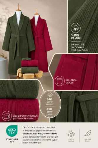4-Piece Striped Bathrobe Set 100% Cotton Certified Family Towel Bathrobe Set Dowry Set Burgundy - Green - Green - Burgundy - 3