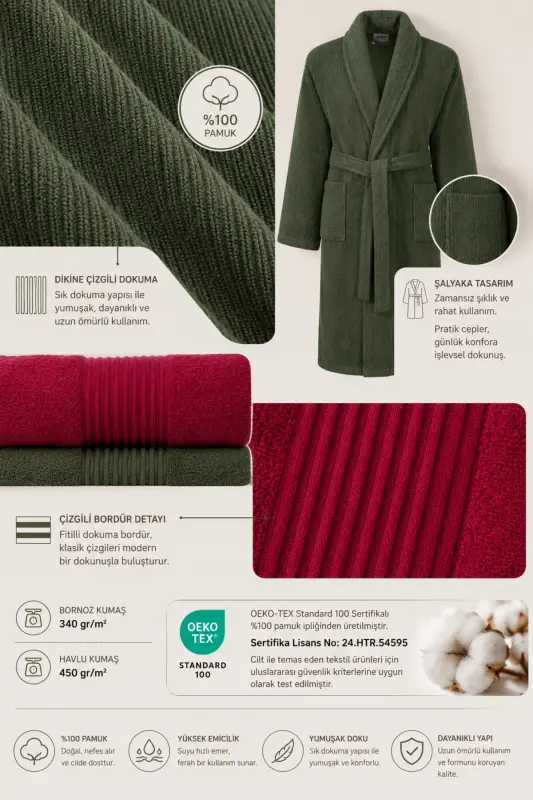 4-Piece Striped Bathrobe Set 100% Cotton Certified Family Towel Bathrobe Set Dowry Set Burgundy - Green - Green - Burgundy - 6