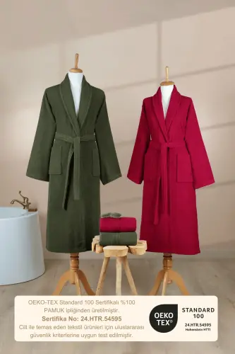 4-Piece Striped Bathrobe Set 100% Cotton Certified Family Towel Bathrobe Set Dowry Set Burgundy - Green - Green - Burgundy - 7