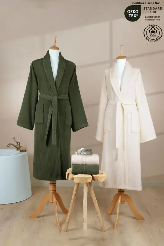 4 Piece Striped Bathrobe Set 100% Cotton Certified Family Towel Bathrobe Set Dowry Set Green - Cream - Dark Green - Cream - 1