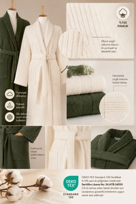 4 Piece Striped Bathrobe Set 100% Cotton Certified Family Towel Bathrobe Set Dowry Set Green - Cream - Dark Green - Cream - 3