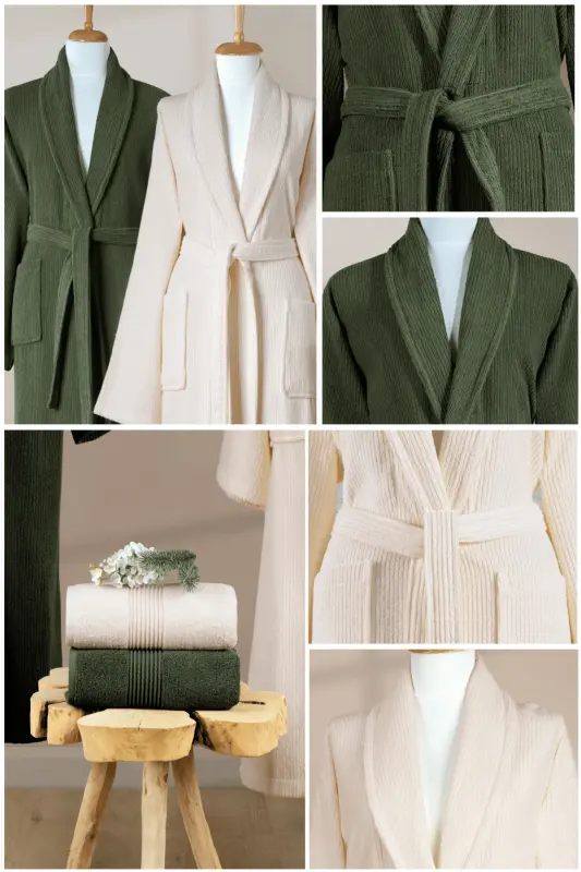 4 Piece Striped Bathrobe Set 100% Cotton Certified Family Towel Bathrobe Set Dowry Set Green - Cream - Dark Green - Cream - 4