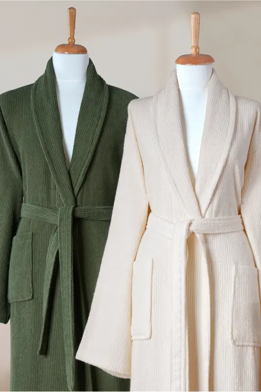 4 Piece Striped Bathrobe Set 100% Cotton Certified Family Towel Bathrobe Set Dowry Set Green - Cream - Dark Green - Cream - 5