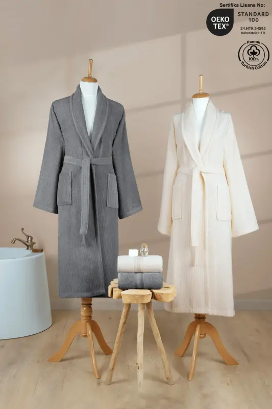 4-Piece Striped Bathrobe Set 100% Cotton Certified Family Towel Bathrobe Set Dowry Set Grey Cream - Grey - Cream - 1
