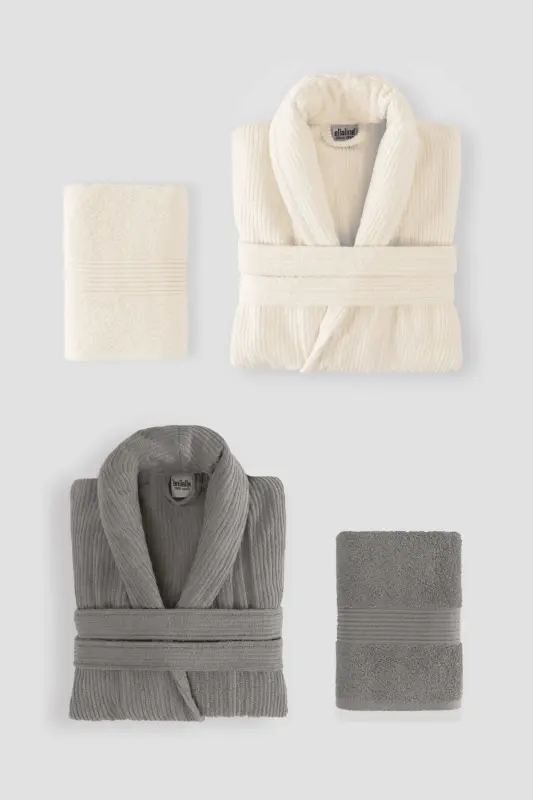 4-Piece Striped Bathrobe Set 100% Cotton Certified Family Towel Bathrobe Set Dowry Set Grey Cream - Grey - Cream - 2