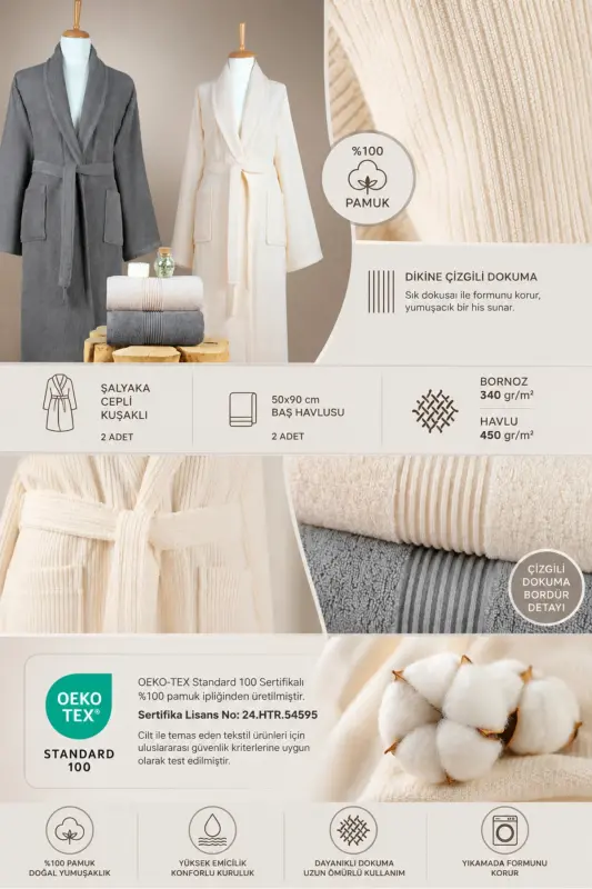 4-Piece Striped Bathrobe Set 100% Cotton Certified Family Towel Bathrobe Set Dowry Set Grey Cream - Grey - Cream - 6