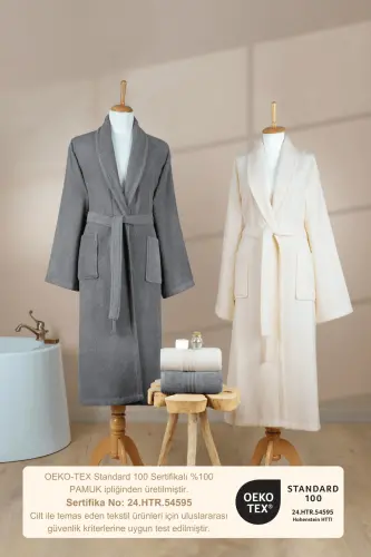4-Piece Striped Bathrobe Set 100% Cotton Certified Family Towel Bathrobe Set Dowry Set Grey Cream - Grey - Cream - 7