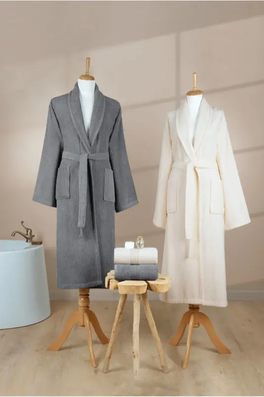 4-Piece Striped Bathrobe Set 100% Cotton Certified Family Towel Bathrobe Set Dowry Set Grey Cream - Grey - Cream - 8