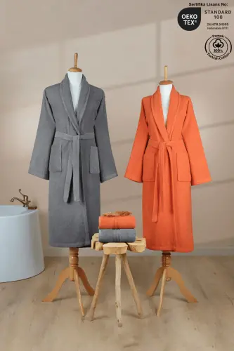 4-Piece Striped Bathrobe Set 100% Cotton Certified Family Towel Bathrobe Set Dowry Set Grey - Orange - Grey - Terracotta Orange 