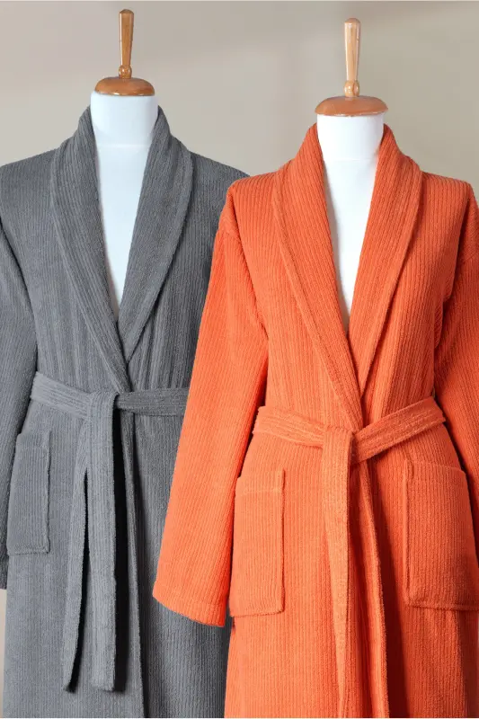 4-Piece Striped Bathrobe Set 100% Cotton Certified Family Towel Bathrobe Set Dowry Set Grey - Orange - Grey - Terracotta Orange - 5