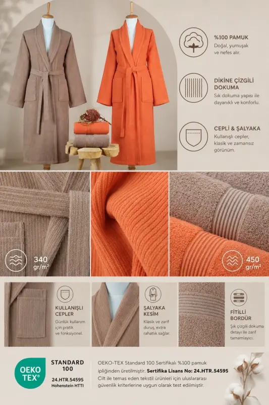 4 Piece Striped Bathrobe Set 100% Cotton Certified Family Towel Bathrobe Set Dowry Set Khv - Orange - Brown - Tile Orange - 3