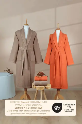4 Piece Striped Bathrobe Set 100% Cotton Certified Family Towel Bathrobe Set Dowry Set Khv - Orange - Brown - Tile Orange - 7