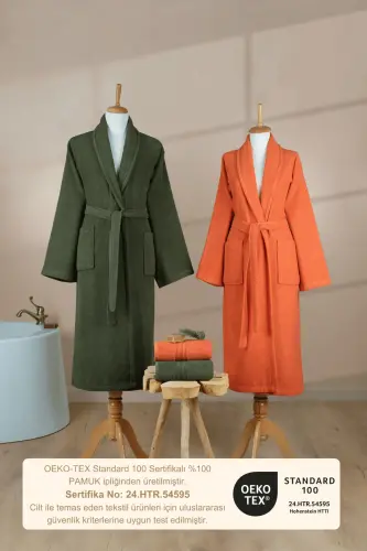 4-Piece Striped Bathrobe Set 100% Cotton Certified, Shawl Collar Family Bathrobe Set - Orange - Dark Green - 7
