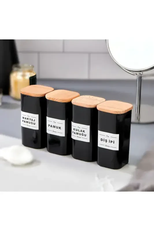 4-Piece Wooden Lid Acrylic Dental Floss & Cotton Swab & Cotton & Makeup Cotton Bathroom Set 300 ml-BLACK - FBZHOME
